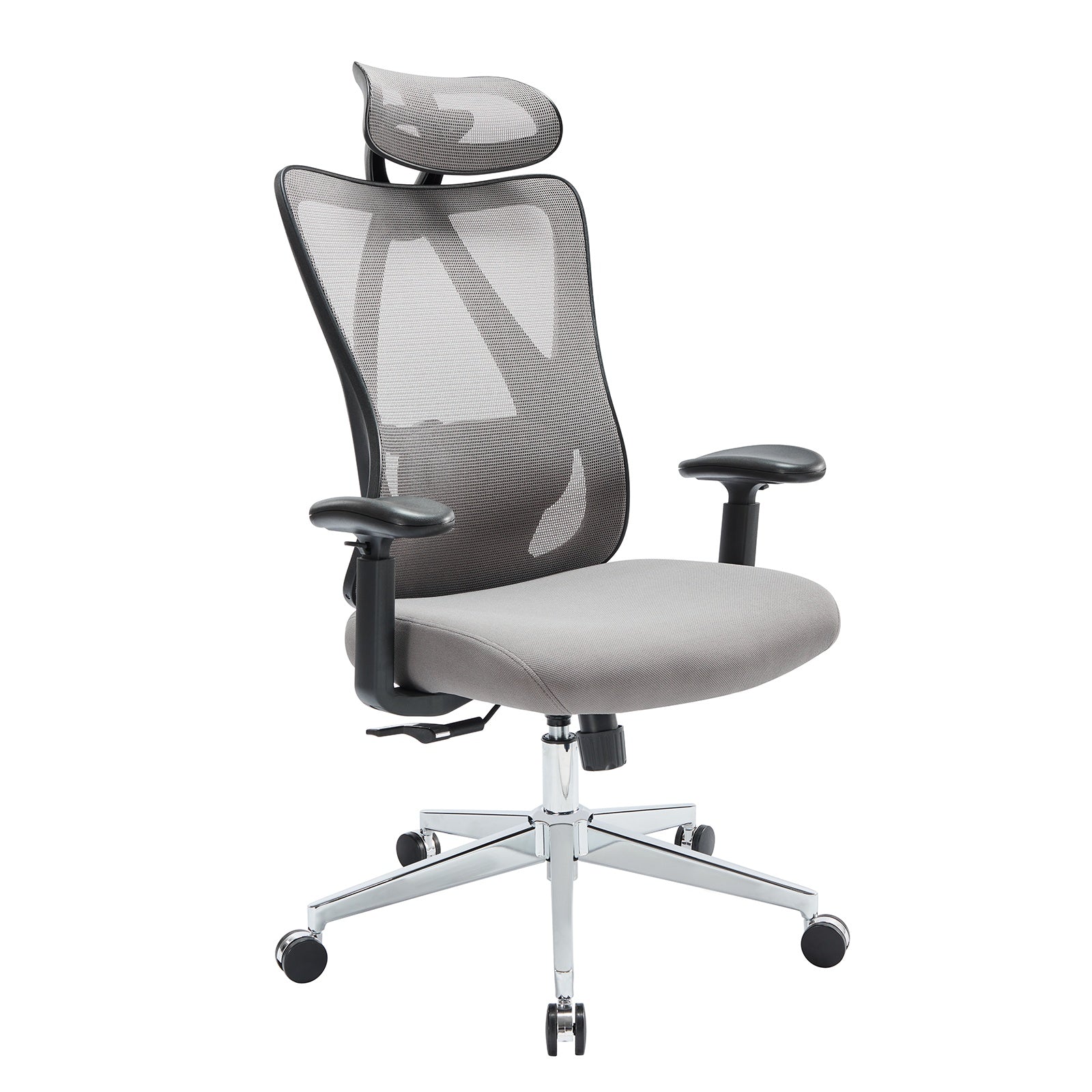 Ergonomic high-back mesh office chair with adjustable height, reclining backrest, rotating headrest, lumbar support, breathable mesh, padded seat, and sturdy aluminum base supporting up to 330 lbs.