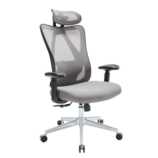Ergonomic high-back mesh office chair with adjustable height, reclining backrest, rotating headrest, lumbar support, breathable mesh, padded seat, and sturdy aluminum base supporting up to 330 lbs.
