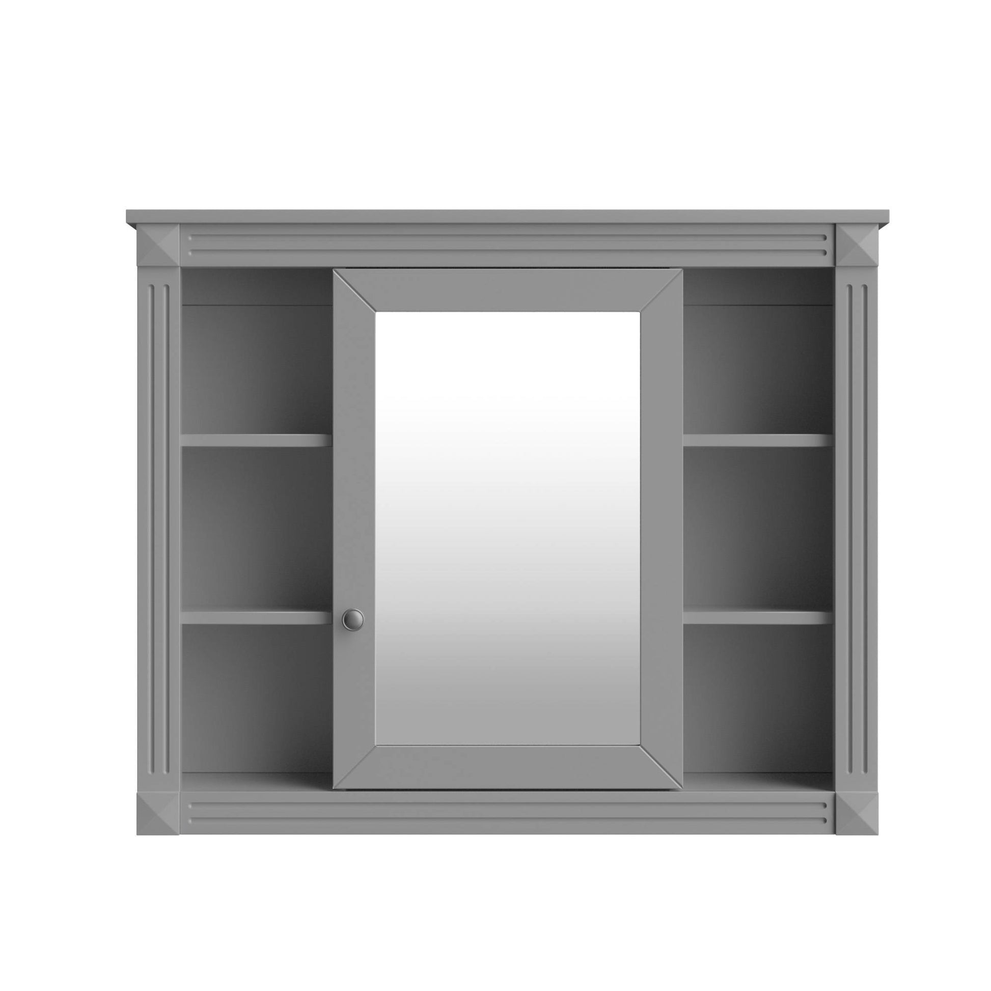 Modern white wall-mounted bathroom storage cabinet with mirrored doors and open center shelf – sleek MDF design with multiple interior compartments for organized bathroom storage.