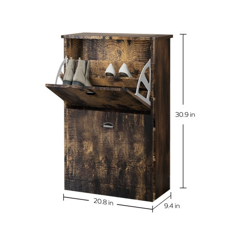 Vintage slim shoe cabinet with two flip drawers in compact wood design, ideal for entryway or hallway storage