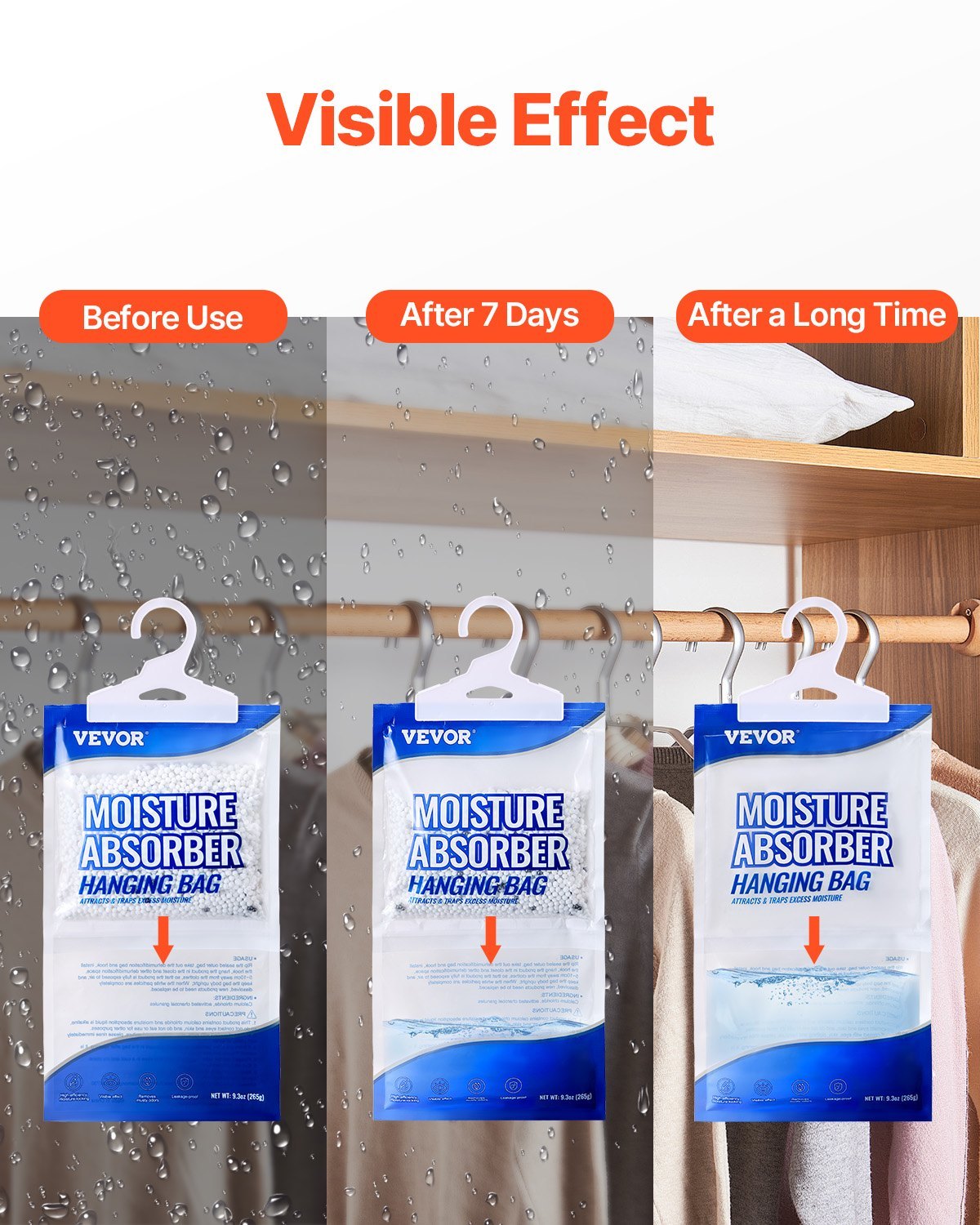 Pack of 10 VEVOR moisture absorber bags, 9.3 oz each, fragrance-free and designed for hanging in closets, bathrooms, or other damp spaces