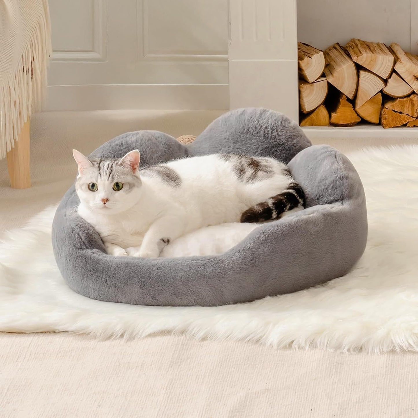 MEWOOFUN Washable Fluffy Cat & Small Dog Bed – Indoor Cat Couch with Non-Slip Bottom, Flower Design, Perfect for Puppies & Kittens (Grey)