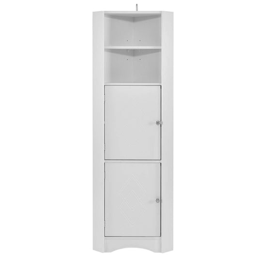 Tall white corner bathroom cabinet with triangular design, double doors, and adjustable interior shelves, fits neatly into small spaces for organized storage of toiletries and essentials