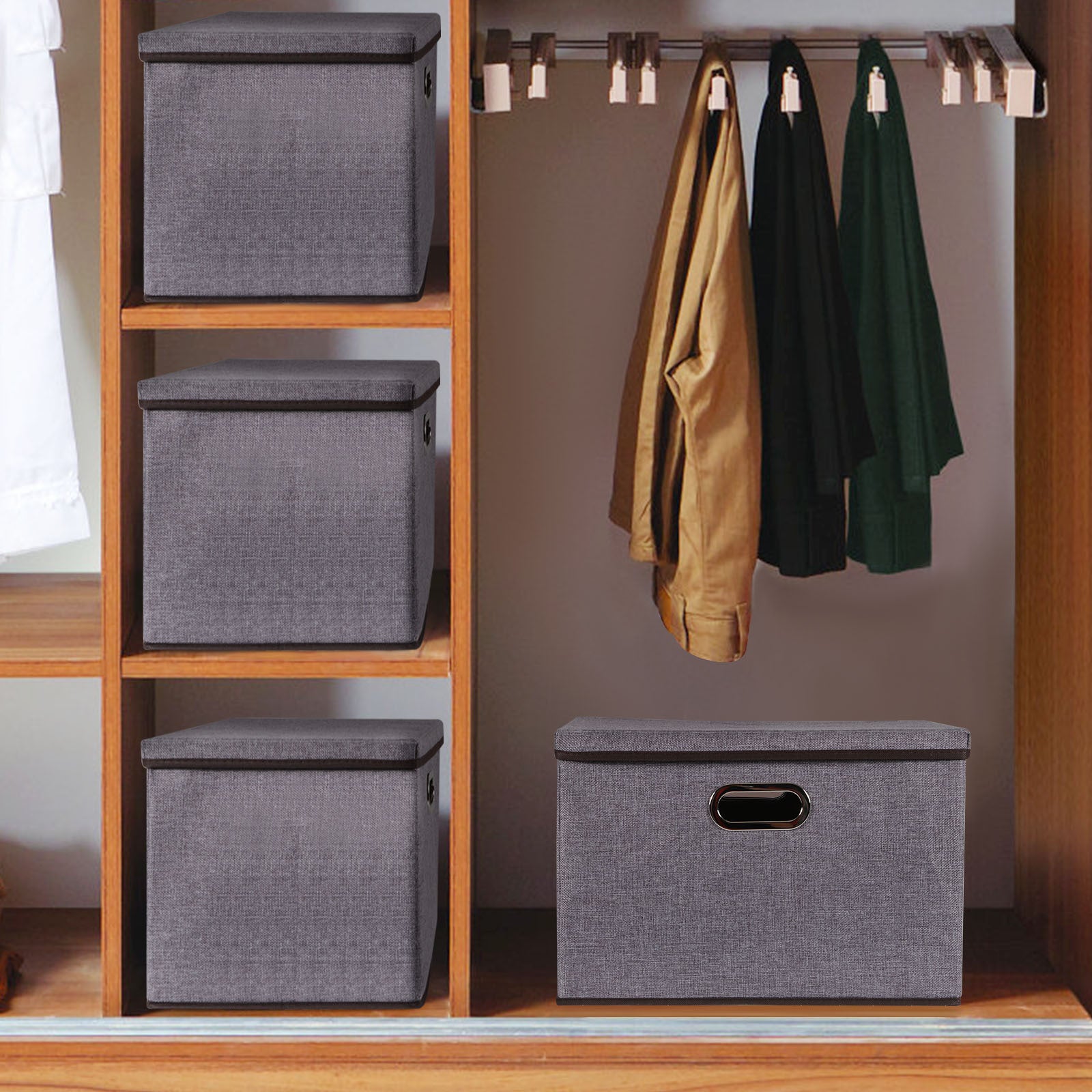 Foldable cotton and linen storage boxes in neutral color, measuring 44×30×30 cm, with soft fabric texture, reinforced sides, and durable non-woven lining; available in 3 or 5-piece sets for organizing clothes, bedding, or household items