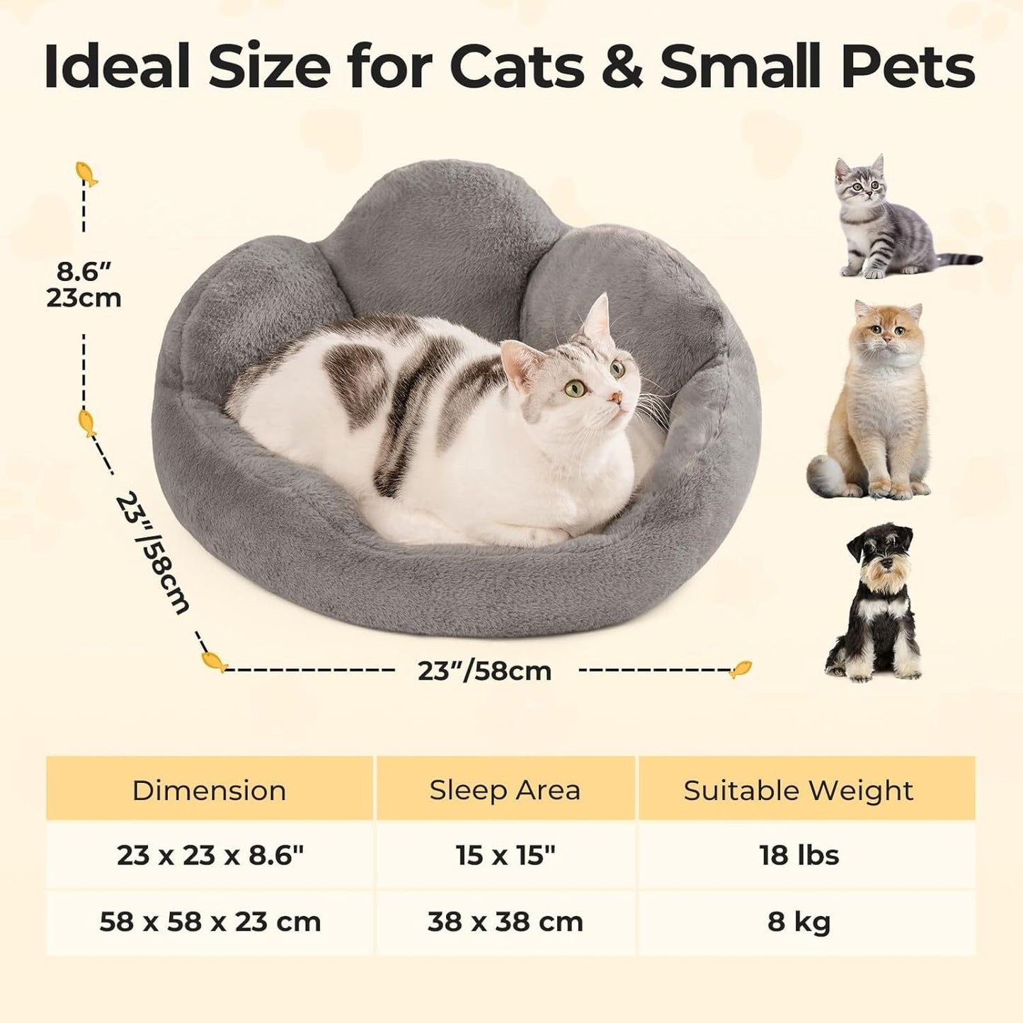 MEWOOFUN Washable Fluffy Cat & Small Dog Bed – Indoor Cat Couch with Non-Slip Bottom, Flower Design, Perfect for Puppies & Kittens (Grey)