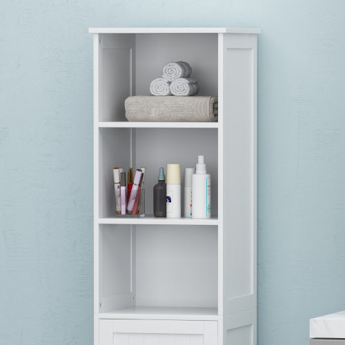 Modern white bathroom linen cabinet with slim vertical design, featuring open shelves and lower cabinet doors for organized storage of towels, toiletries, and essentials in small spaces.