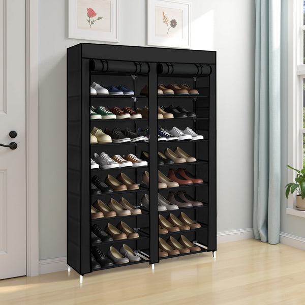 Black 10-tier shoe cabinet with slim vertical design and double-row storage shelves, ideal for organizing multiple pairs of shoes in small entryways, closets, or hallways