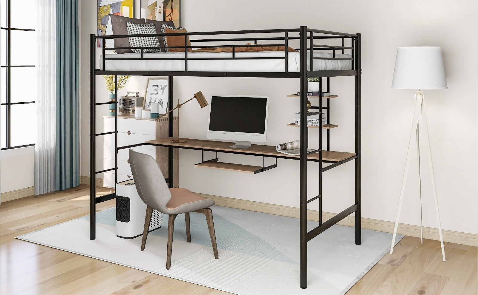 Black twin loft bed with metal frame, integrated desk and shelf underneath, ladder, and guardrail – space-saving bedroom furniture