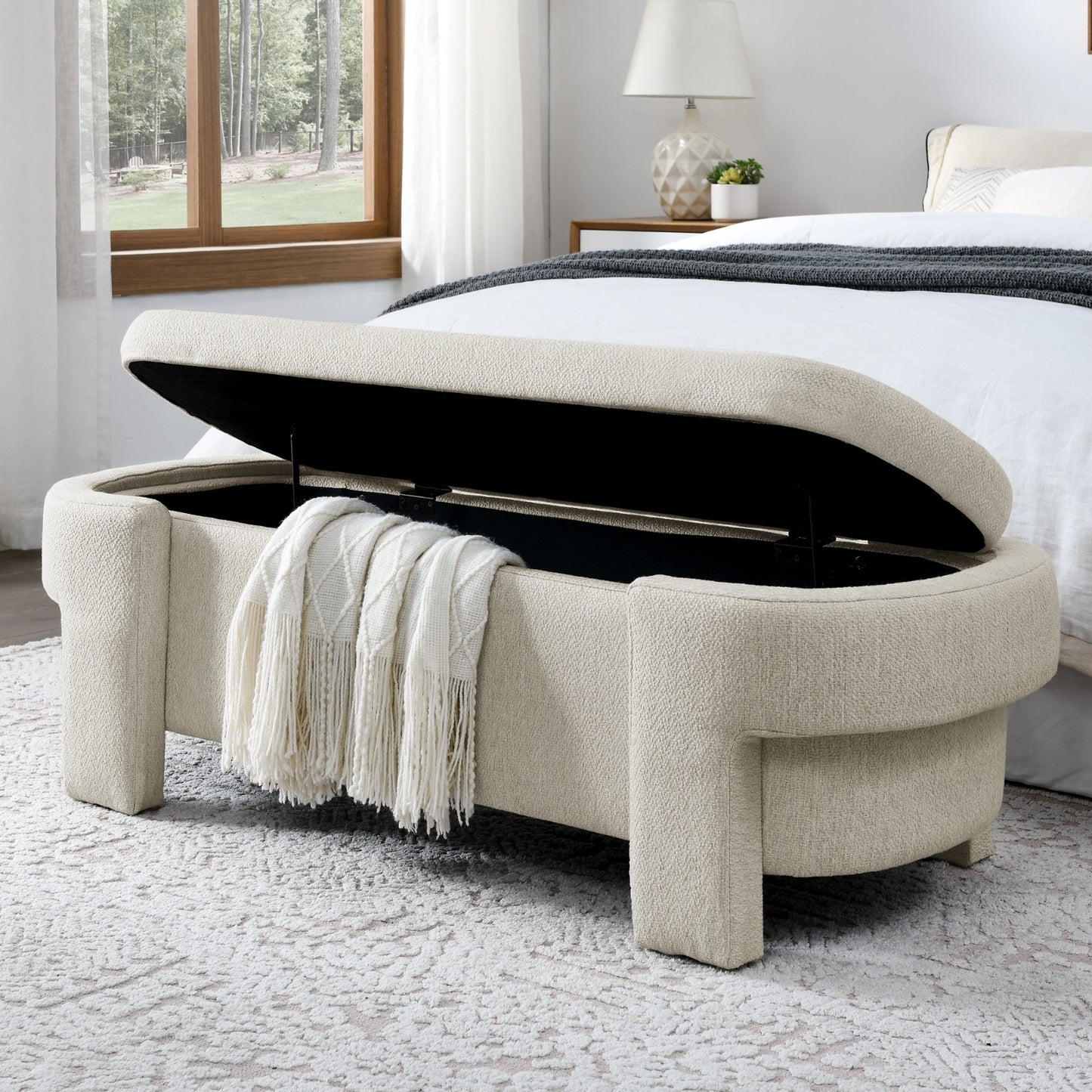 Beige linen fabric storage bench with cushioned seat and hidden compartment for living room or entryway organization