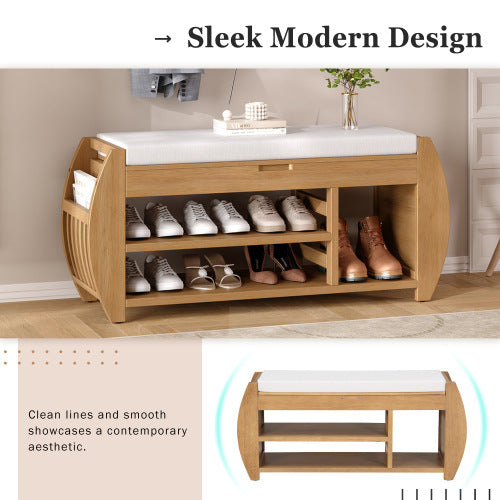 Retro multifunctional storage bench with cushioned seat, open shelves, and hidden compartment—wooden frame in modern design, ideal for entryway, hallway, or living room