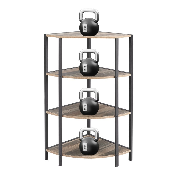 Black and brown 4-tier corner shelf with a modern-rustic design, featuring four open particle board shelves arranged in a vertical structure that fits neatly into a corner; ideal for storing books, plants, or decorative items in kitchens, home offices, living rooms, or small spaces.