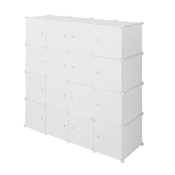 White 16-cube modular plastic storage organizer with doors and hanging rods, featuring stackable DIY design for closet, bedroom, or entryway organization; includes steel frame and customizable layout for clothes, shoes, and household items