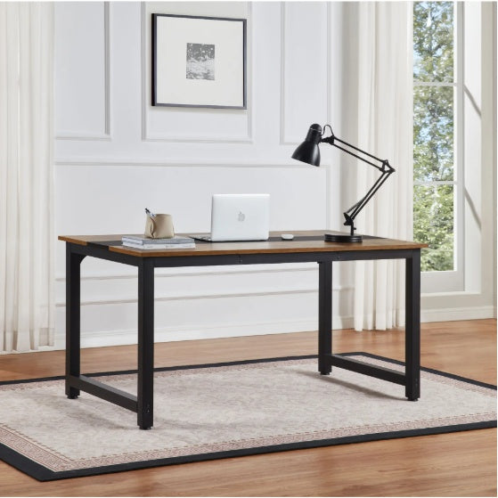 Large rustic black computer desk with metal frame, available in 60-inch and 71-inch sizes, featuring a spacious wooden desktop, minimalist design, and sturdy steel legs with adjustable pads—ideal for office, gaming, or study use