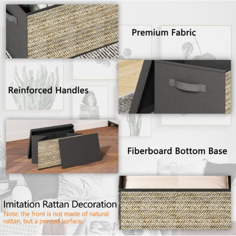 Set of four green rattan-style foldable storage bins with matching lids and built-in handles; lightweight, decorative, and ideal for organizing closets, shelves, or home offices — non-waterproof design.