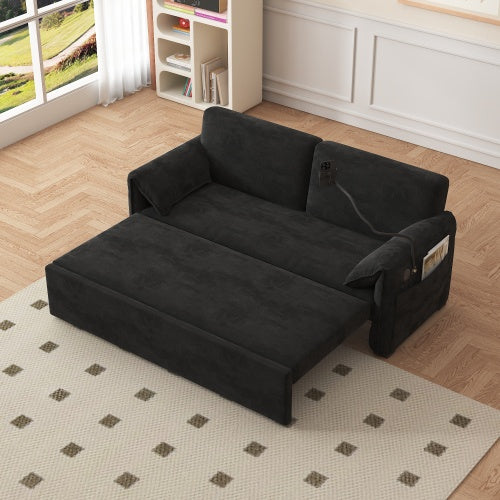 63-inch velvet folding sofa bed with 3-in-1 design for sitting, lounging, and sleeping, featuring ergonomic backrest, oversized pillows, USB charging port, and durable carbon steel frame