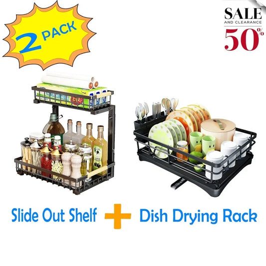 2-piece kitchen organizer set with large-capacity dish drying rack holding plates, bowls, cups, and utensils, plus sliding 2-tier under-sink shelf with suction cups for stable, space-saving storage in kitchen or bathroom
