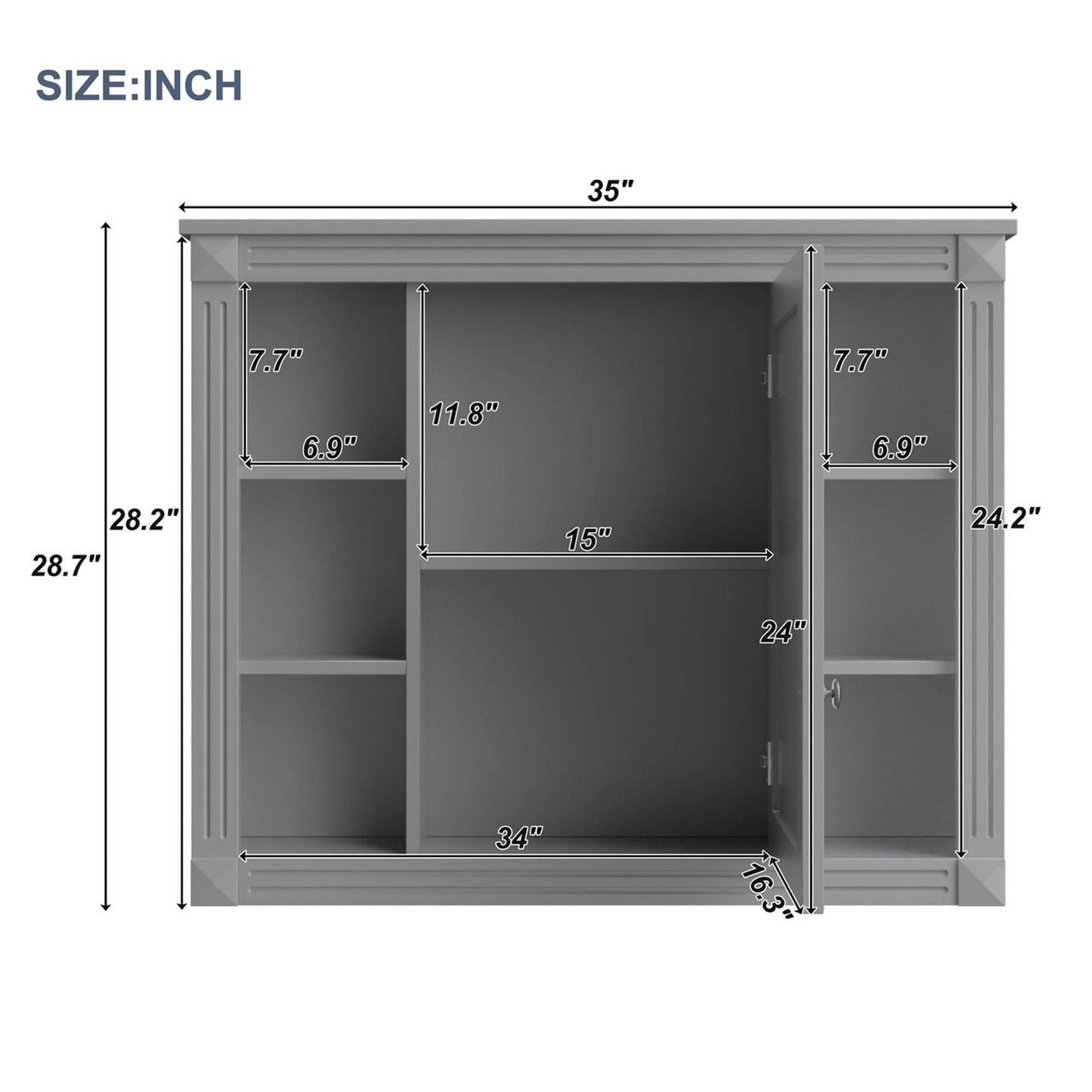 Modern white wall-mounted bathroom storage cabinet with mirrored doors and open center shelf – sleek MDF design with multiple interior compartments for organized bathroom storage.