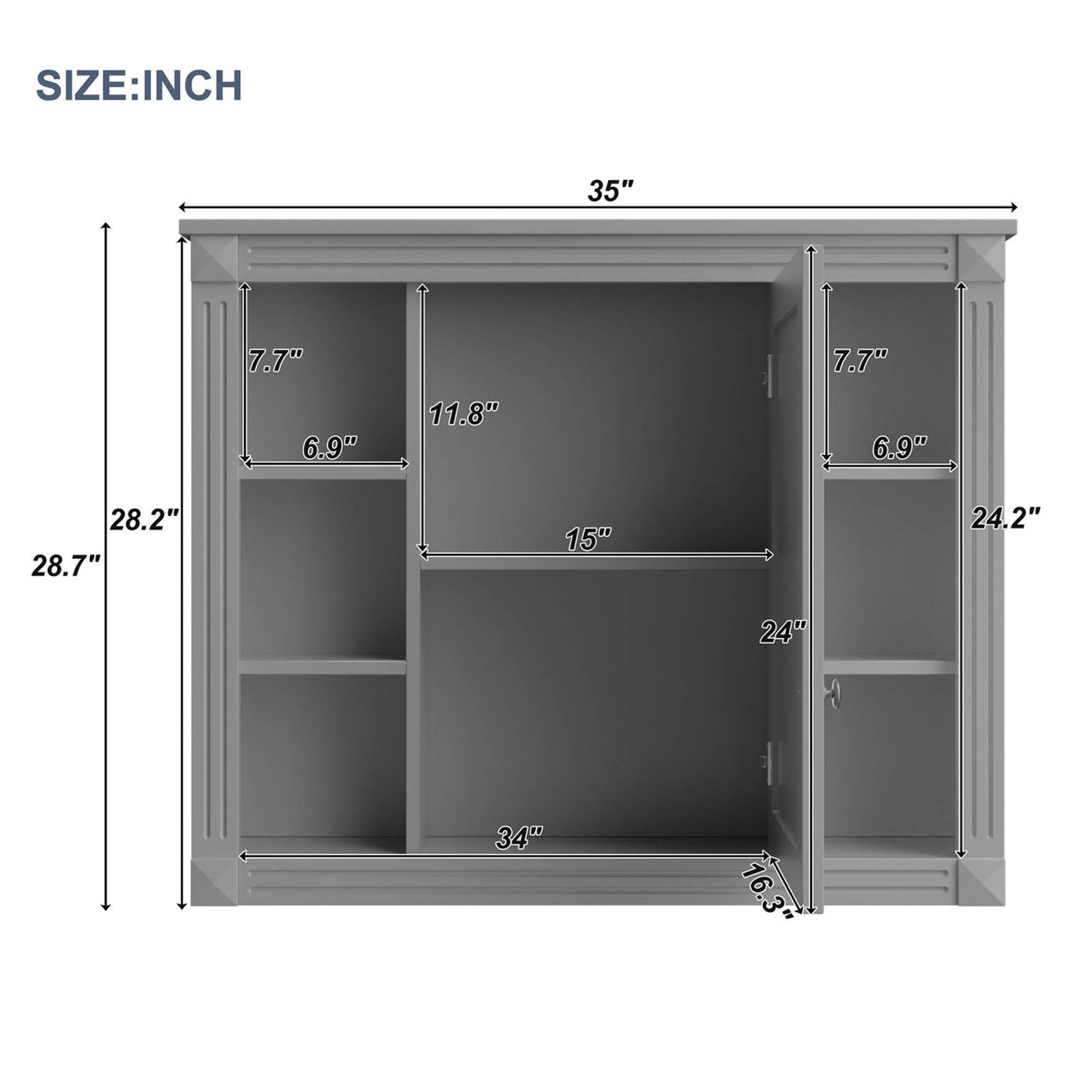 Modern white wall-mounted bathroom storage cabinet with mirrored doors and open center shelf – sleek MDF design with multiple interior compartments for organized bathroom storage.
