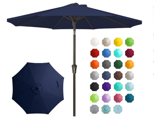 9FT multifunctional outdoor patio canopy umbrella in navy blue with tilt and crank system, UV- and water-resistant polyester fabric, double-vented top, and sturdy iron frame for backyard, garden, or deck use