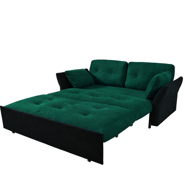 Multifunctional retractable sofa bed for living room use, featuring adjustable design for sitting, lounging, or sleeping, with modern upholstery and space-saving functionality.
