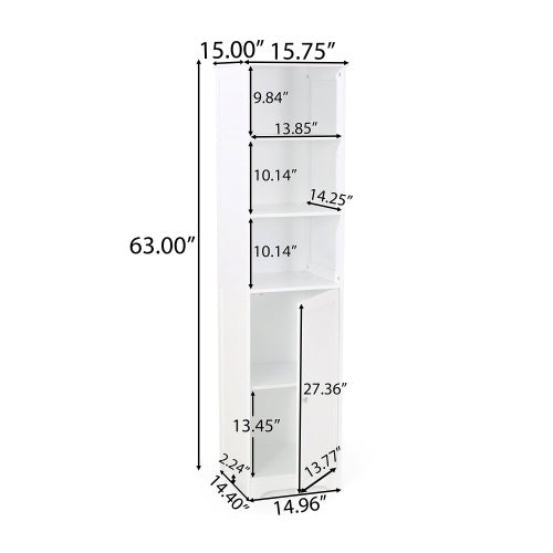 Modern white bathroom linen cabinet with slim vertical design, featuring open shelves and lower cabinet doors for organized storage of towels, toiletries, and essentials in small spaces.