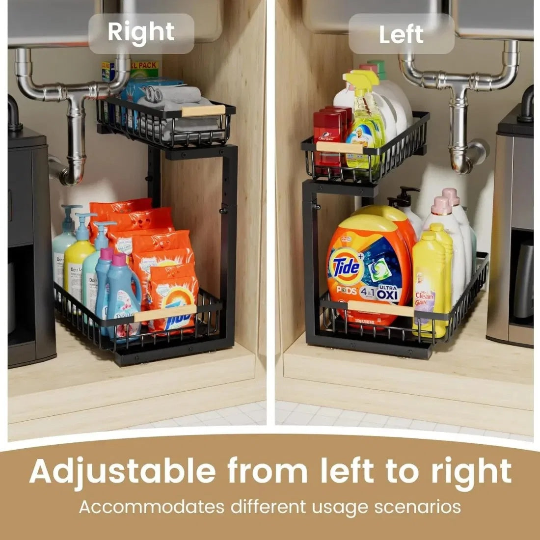 2-piece kitchen organizer set with large-capacity dish drying rack holding plates, bowls, cups, and utensils, plus sliding 2-tier under-sink shelf with suction cups for stable, space-saving storage in kitchen or bathroom