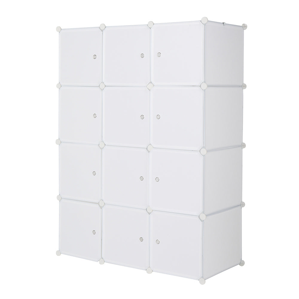 "White 12-cube modular plastic storage organizer with customizable layout and built-in hanging rod, featuring stackable DIY closet shelves for organizing clothes, shoes, toys, and household items.