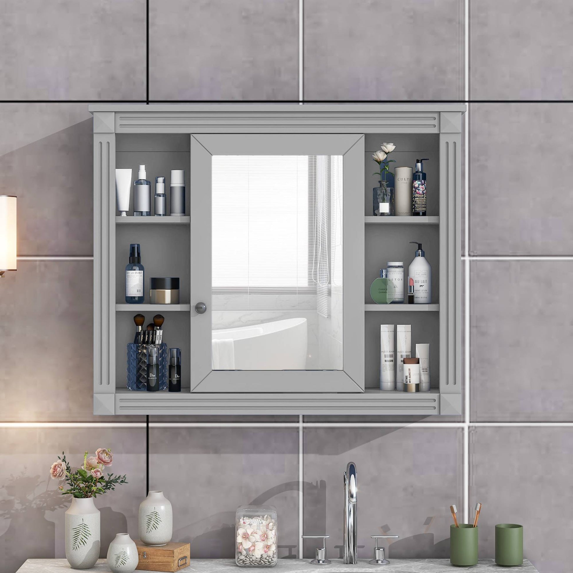 Modern white wall-mounted bathroom storage cabinet with mirrored doors and open center shelf – sleek MDF design with multiple interior compartments for organized bathroom storage.