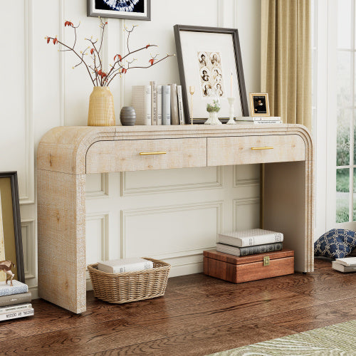 Retro entryway table with two drawers and open shelf in natural wood wash finish, vintage style console table for hallway or living room