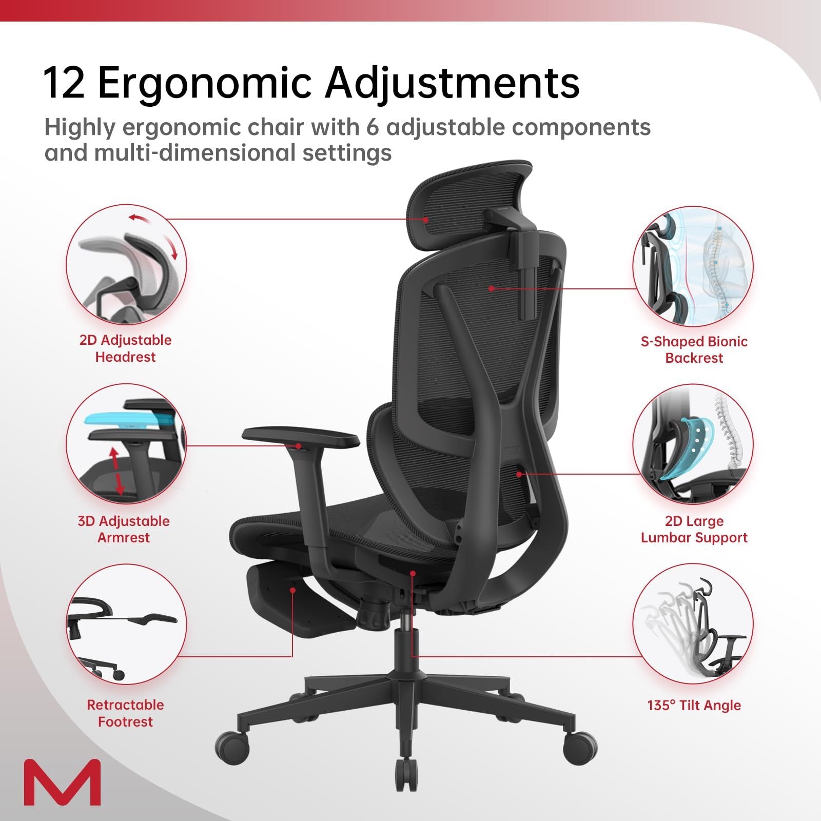 High-back ergonomic black office chair with adaptive lumbar support, fully adjustable 3D armrests, reclining mechanism, 3D headrest, retractable footrest, and sturdy metal mesh frame supporting up to 300 lbs