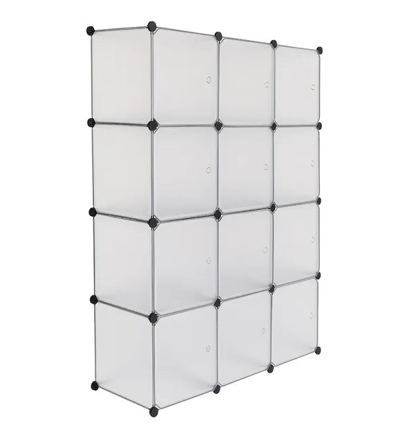 12-cube white modular storage shelf with customizable design, ideal for organizing books, clothes, toys, and office supplies.