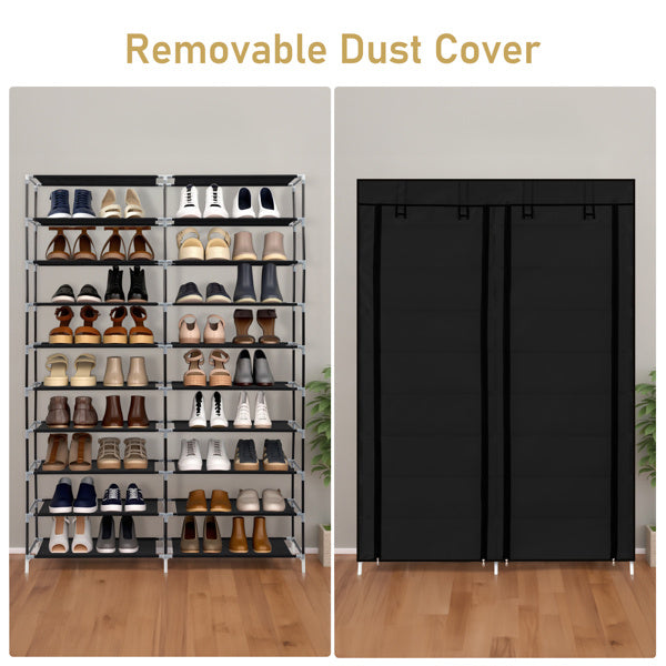 Black 10-tier shoe cabinet with slim vertical design and double-row storage shelves, ideal for organizing multiple pairs of shoes in small entryways, closets, or hallways