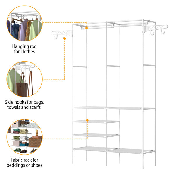 4-Tier Closet Organizer Shelf with Hanging Rods and Side Hooks – Space-Saving Fabric Wardrobe for Bedroom or Laundry Room