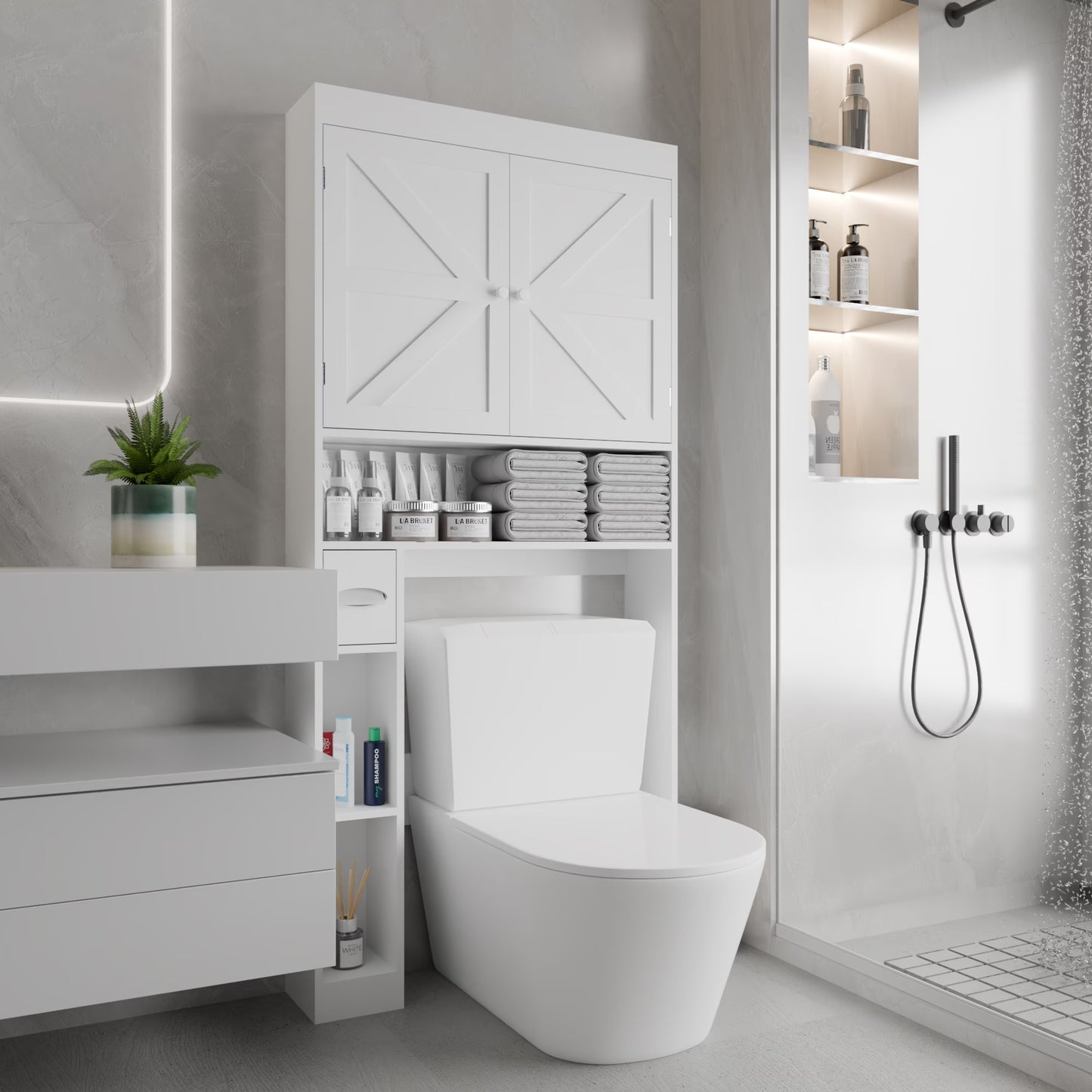 White over-the-toilet storage cabinet with farmhouse double-door design, fits above toilet for space-saving bathroom organization