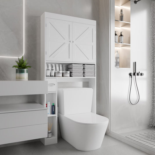 White over-the-toilet storage cabinet with farmhouse double-door design, fits above toilet for space-saving bathroom organization