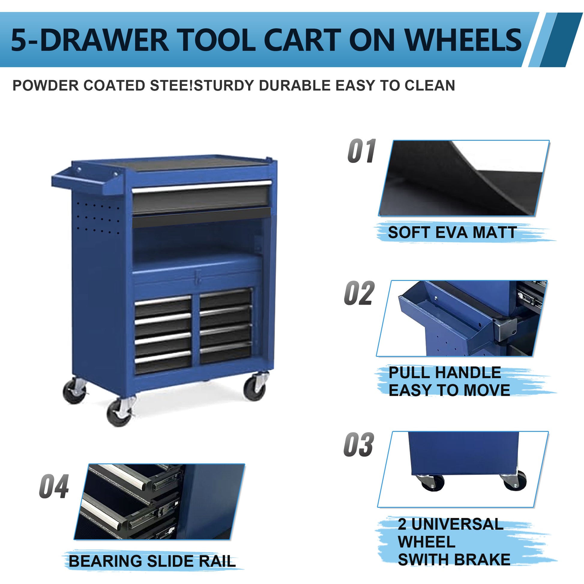 Mobile auto repair tool cart with multiple drawers and top toolbox, sturdy iron frame, and smooth wheels for easy movement in workshop