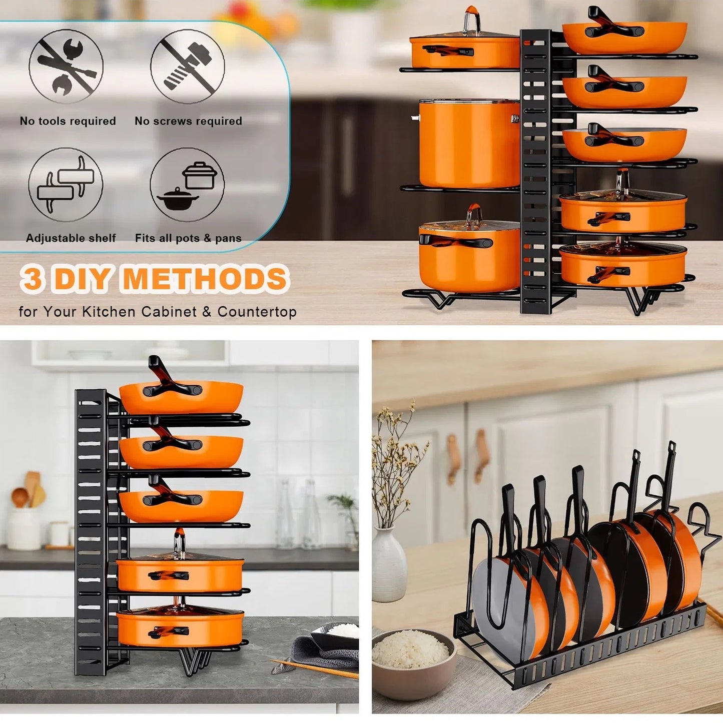 8-tier pot and pan organizer rack with lid holder, durable kitchen cabinet storage solution for cookware, space-saving vertical design