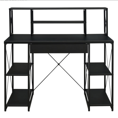 Sleek black office desk with open shelves, hutch, and drawer—features wood surface and sturdy metal sled base, ideal for organized home office or studio workspace