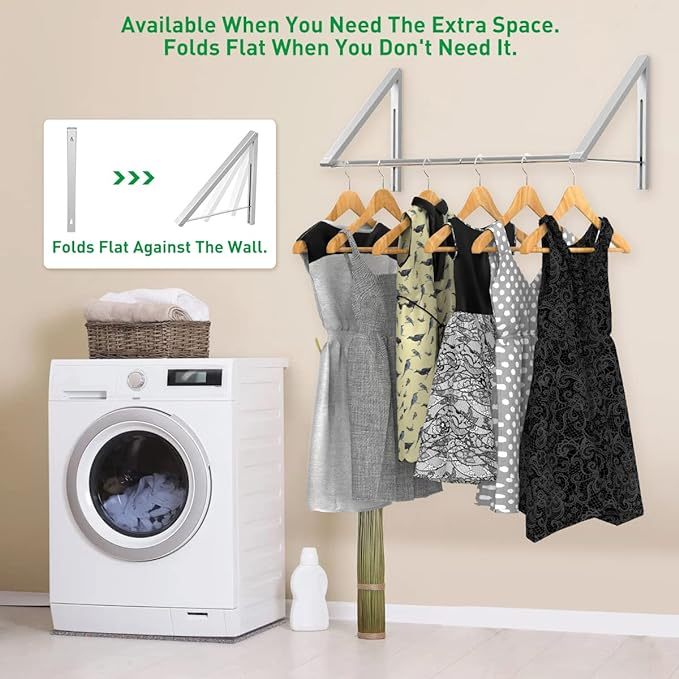 Wall-mounted silver aluminum laundry drying rack with two foldable arms and built-in hanging rods, space-saving design for laundry rooms or utility areas