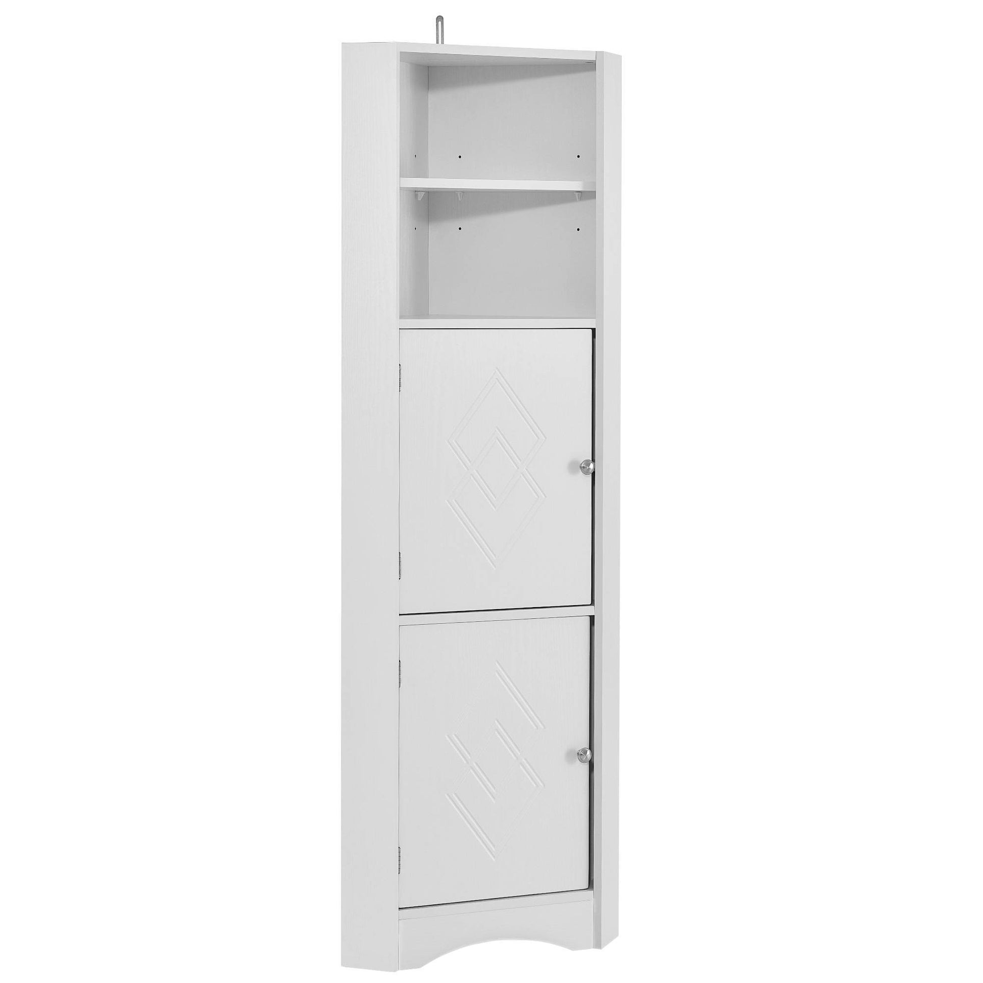 Tall white corner bathroom cabinet with triangular design, double doors, and adjustable interior shelves, fits neatly into small spaces for organized storage of toiletries and essentials