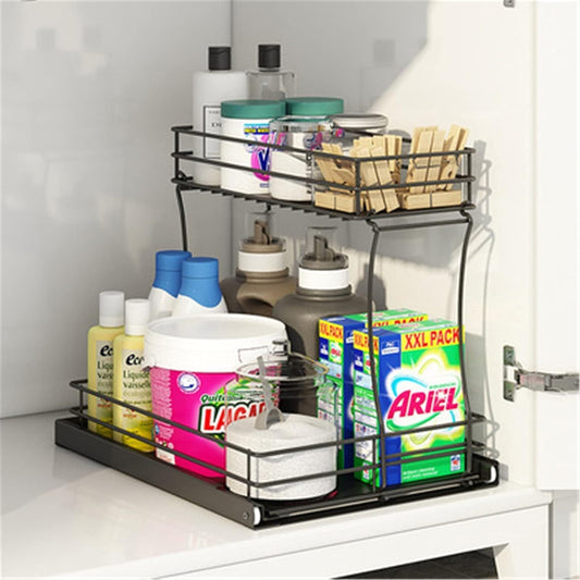 L-shaped metal pull-out cabinet organizer with two sliding drawers, made of stainless steel, designed to maximize under-sink storage by fitting around plumbing, featuring a rust-resistant finish