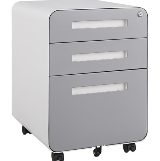 Gray metal file cabinet with three drawers on wheels against a white background