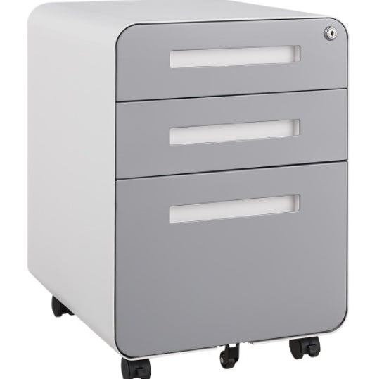 Modern 3-drawer mobile filing cabinet in white and grey cold-rolled steel, with central lock, full-extension drawers, and 5-wheel base—fits A4, letter, and legal files, ideal for home or office use.