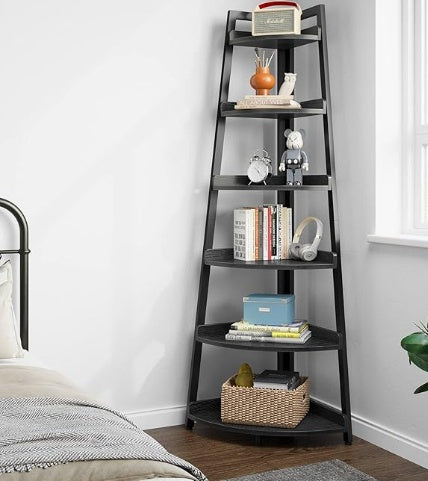 Roland Star 6-tier A-shaped corner shelf with fenced wooden shelves and black metal frame, ideal for books, plants, and decor storage in compact living spaces