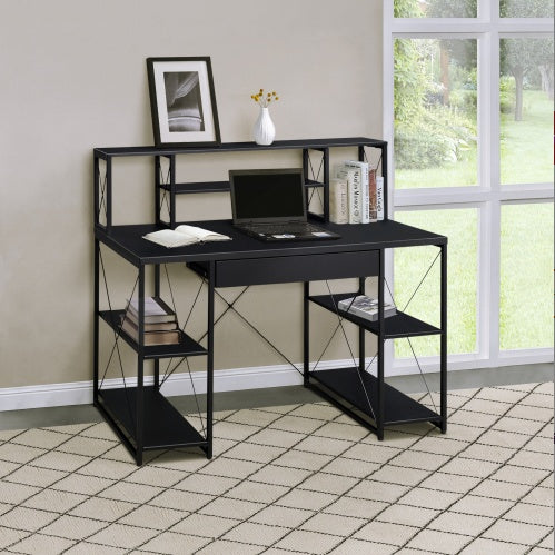 Sleek black office desk with open shelves, hutch, and drawer—features wood surface and sturdy metal sled base, ideal for organized home office or studio workspace