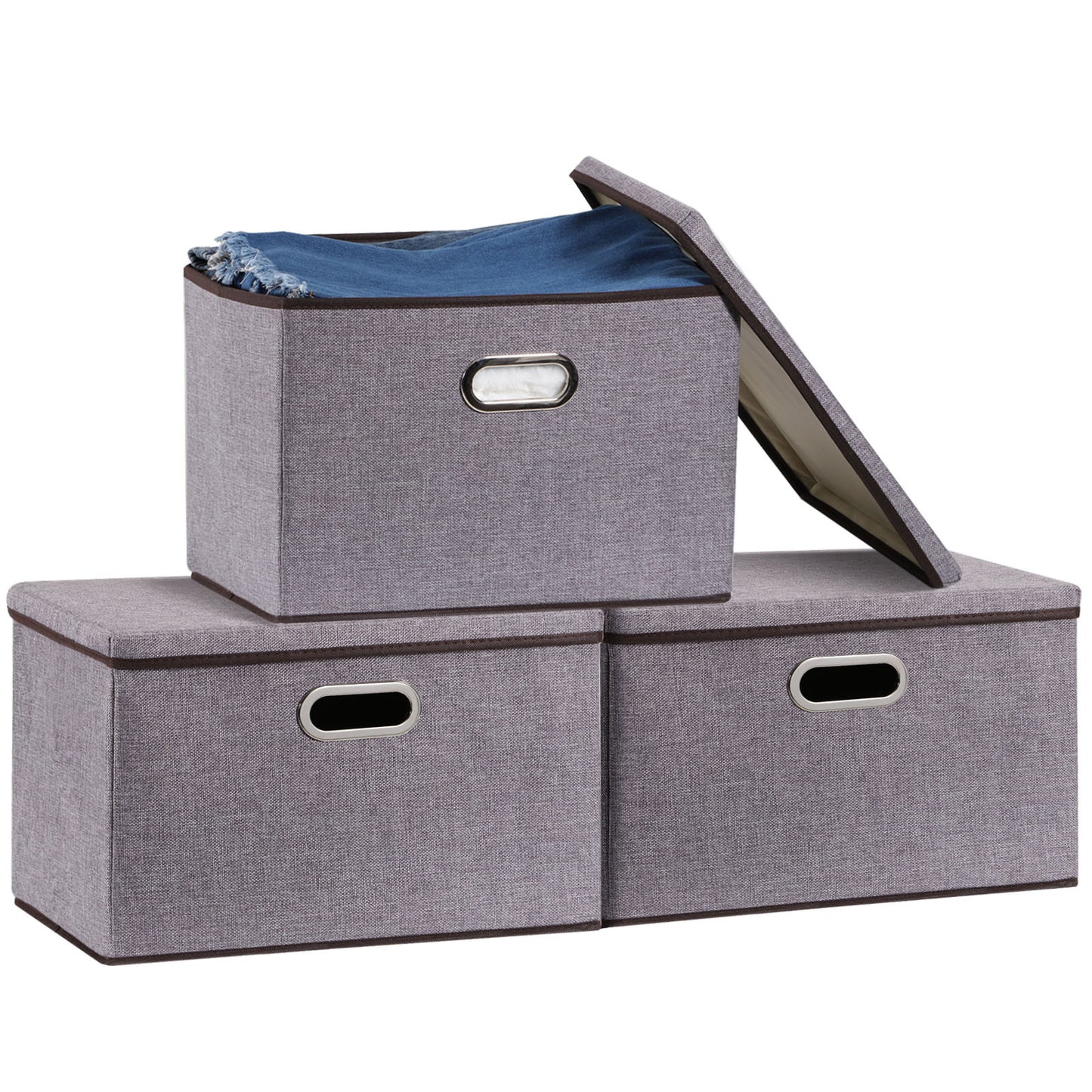 Foldable cotton and linen storage boxes in neutral color, measuring 44×30×30 cm, with soft fabric texture, reinforced sides, and durable non-woven lining; available in 3 or 5-piece sets for organizing clothes, bedding, or household items