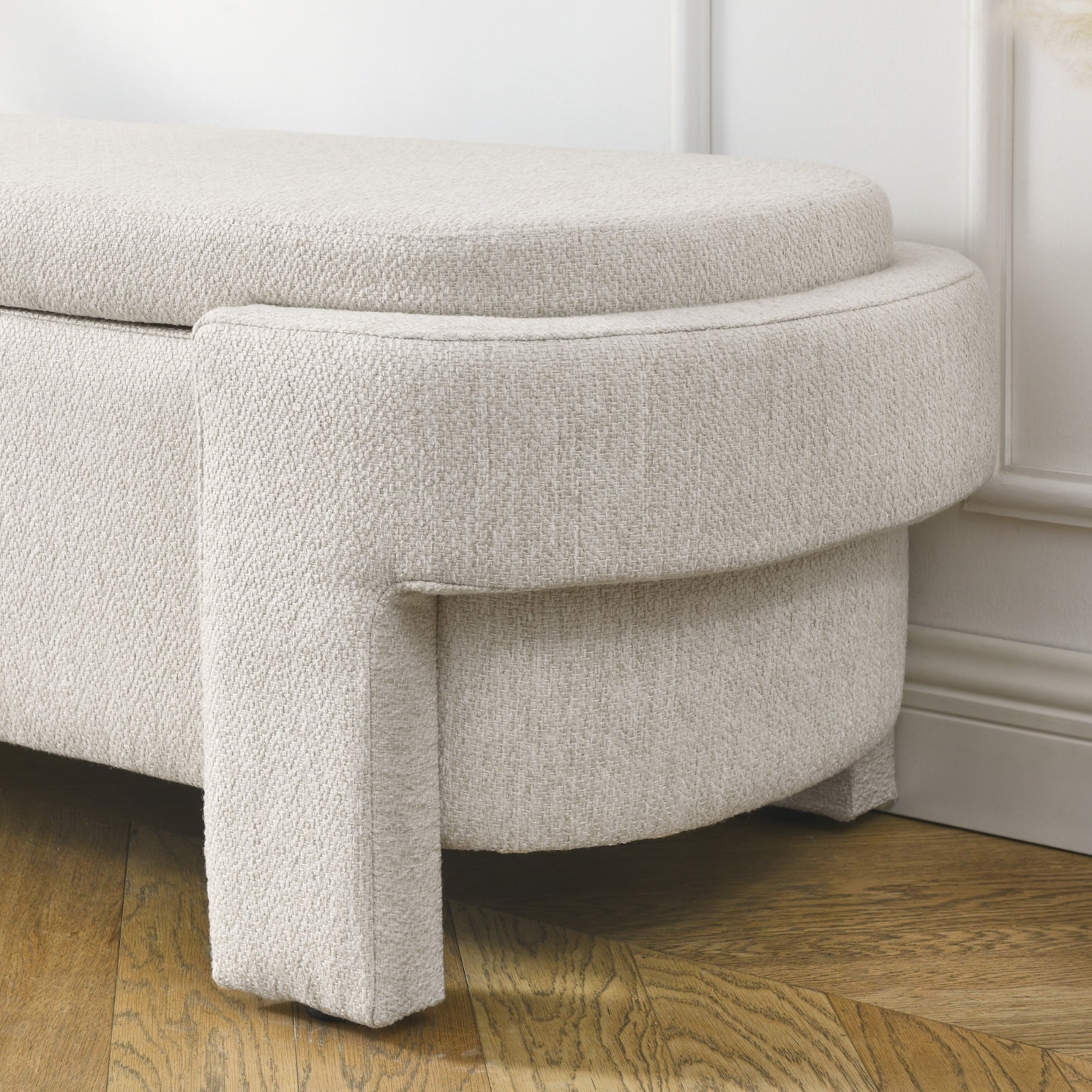 Beige linen fabric storage bench with cushioned seat and hidden compartment for living room or entryway organization