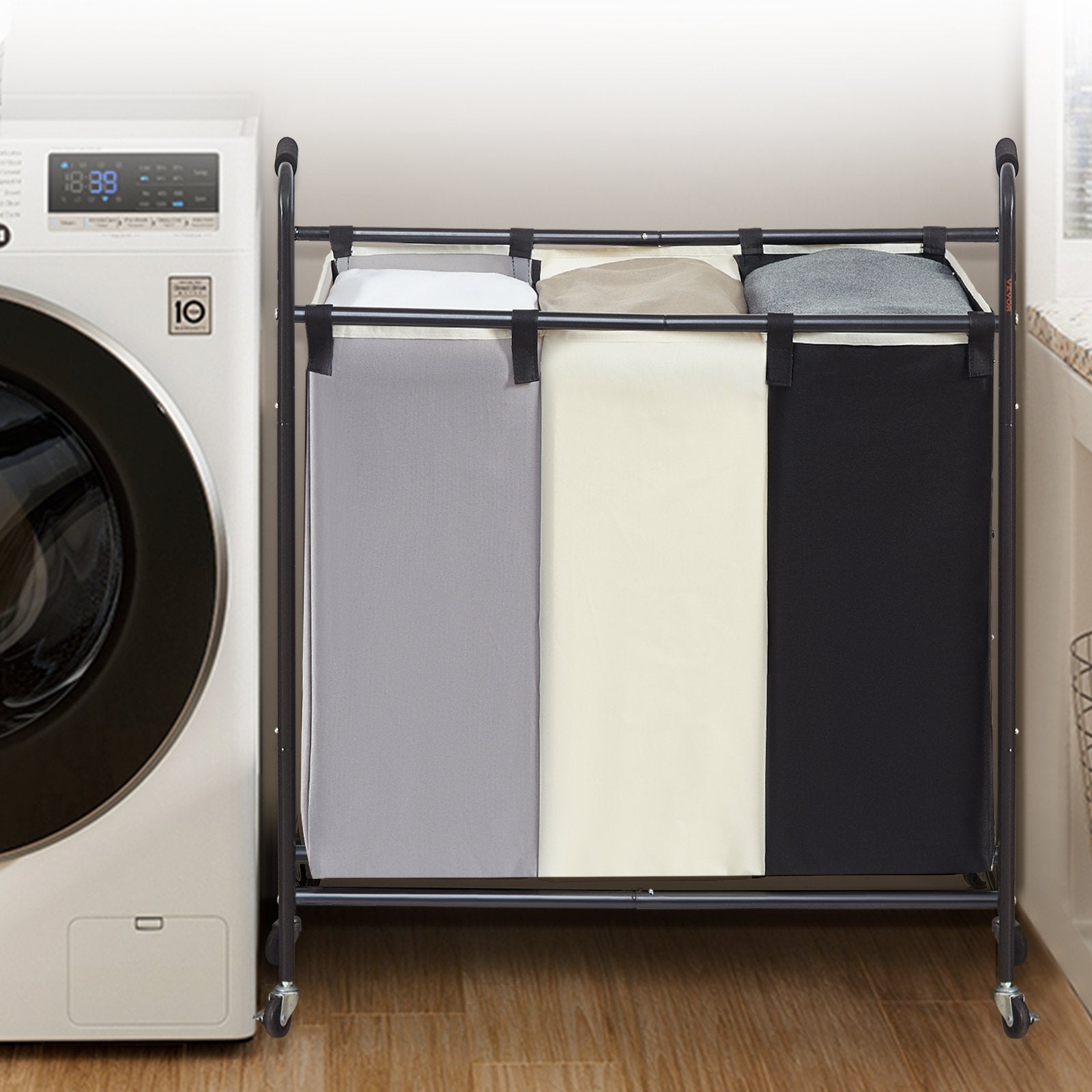 VEVOR 3-section rolling laundry hamper with heavy-duty metal frame, removable sorting bags, and smooth-rolling wheels for easy transport and organization