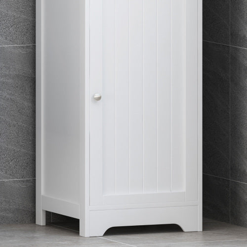 Modern white bathroom linen cabinet with slim vertical design, featuring open shelves and lower cabinet doors for organized storage of towels, toiletries, and essentials in small spaces.