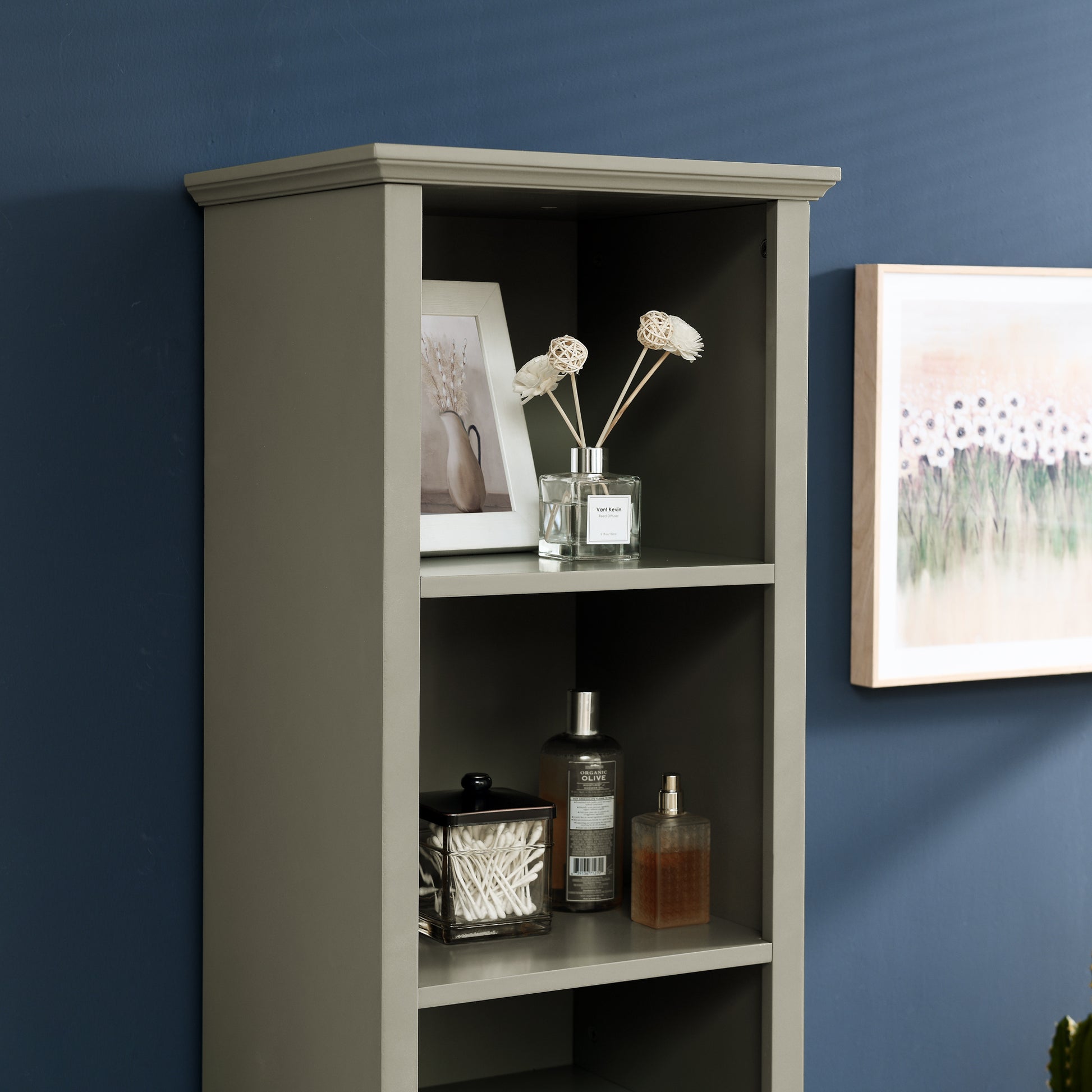 Slim 64-inch tall gray storage cabinet with four open shelves and built-in laundry hamper, ideal for bathrooms, kitchens, or small spaces